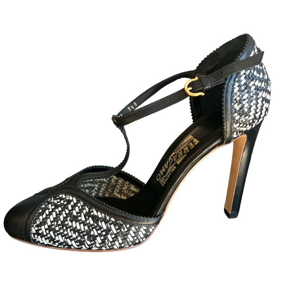 Salvatore Ferragamo Black and White WovenLeather T Strap Pumps US 9.5